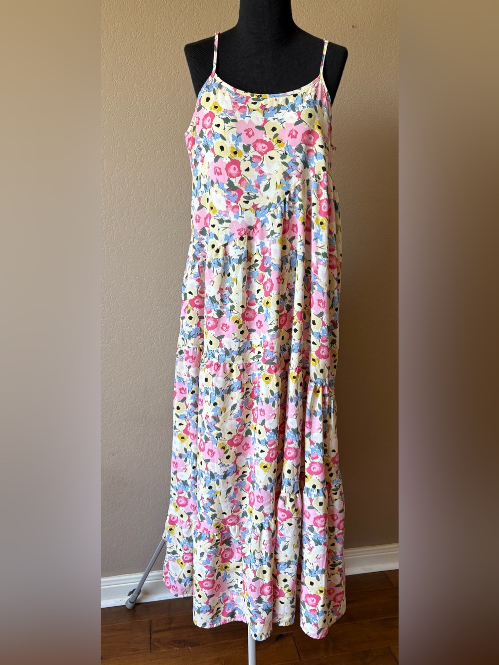 Floral Tiered Maxi Dress Spaghetti Straps Adjustable Size S Lined Yellow Pink